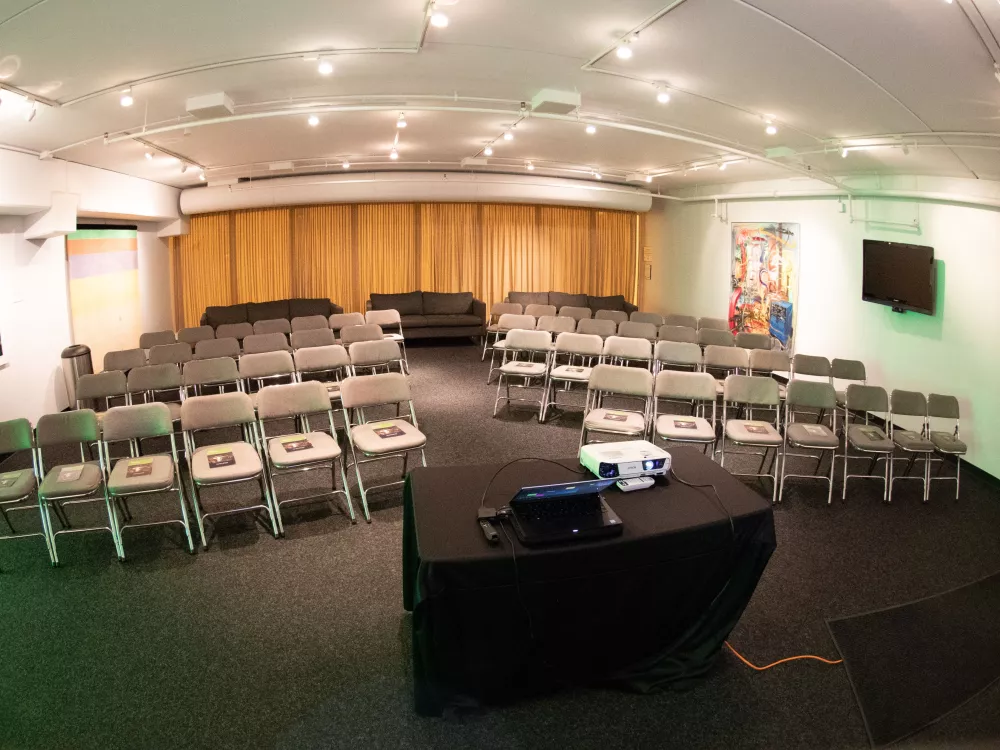 The Harris Theater donor room set up for a lecture