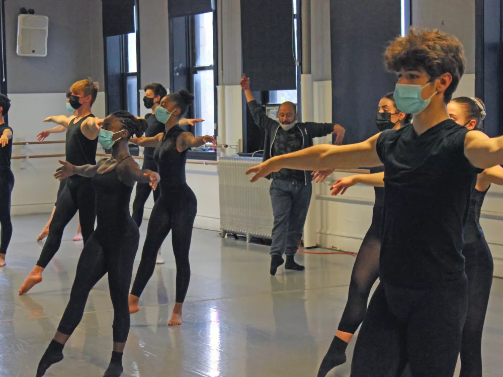 Mavin Khoo, of Akram Khan company, teaches a combination from Akram Khan’s XENOS to students at Chicago Academy for the Arts.