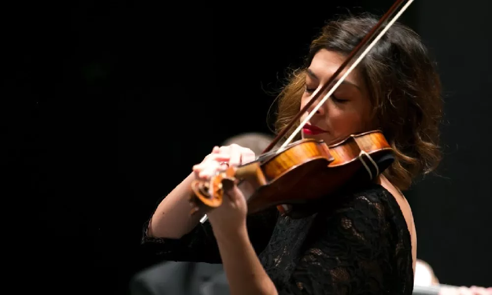 A brown-haired woman dressed in black plays the violin.