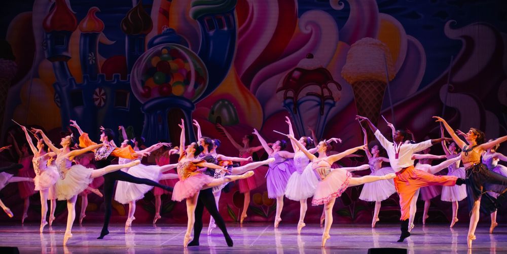 A captivating moment from Ballet Chicago's Nutcracker Finale, showcasing the Studio Company in a beautiful arabesque.