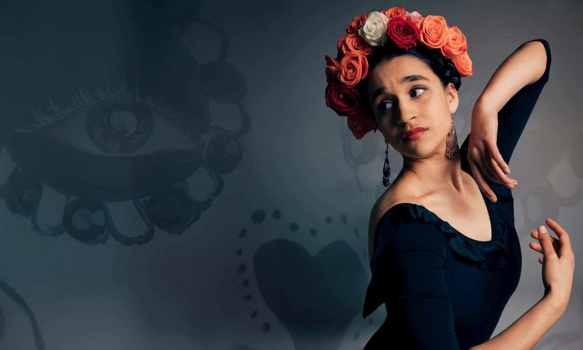 A photo of a latina woman in a black dress with roses on her head, a faint skull in the background.