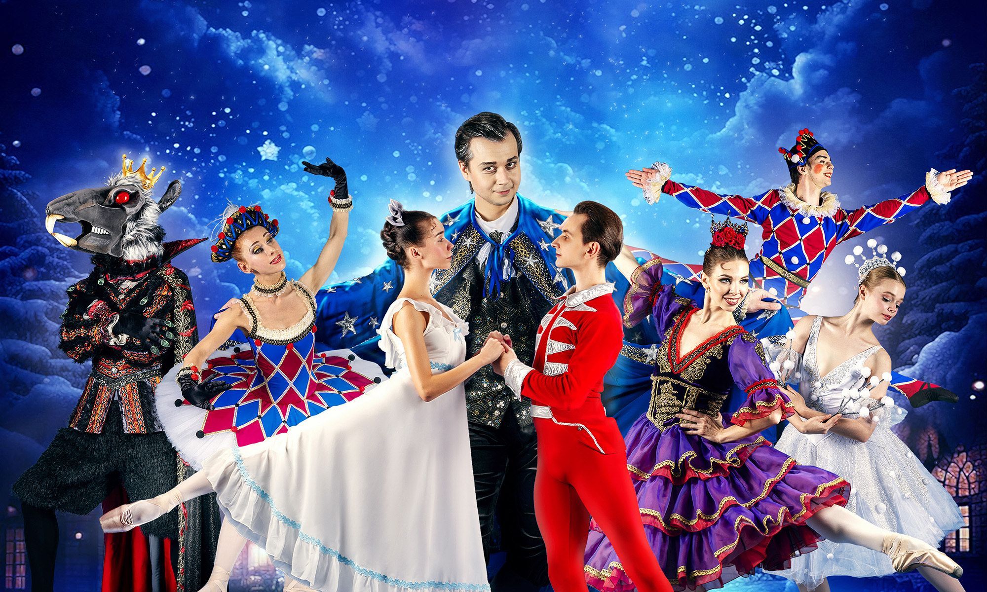 Image of multiple Nutcracker characters together in front of a blue starry background.