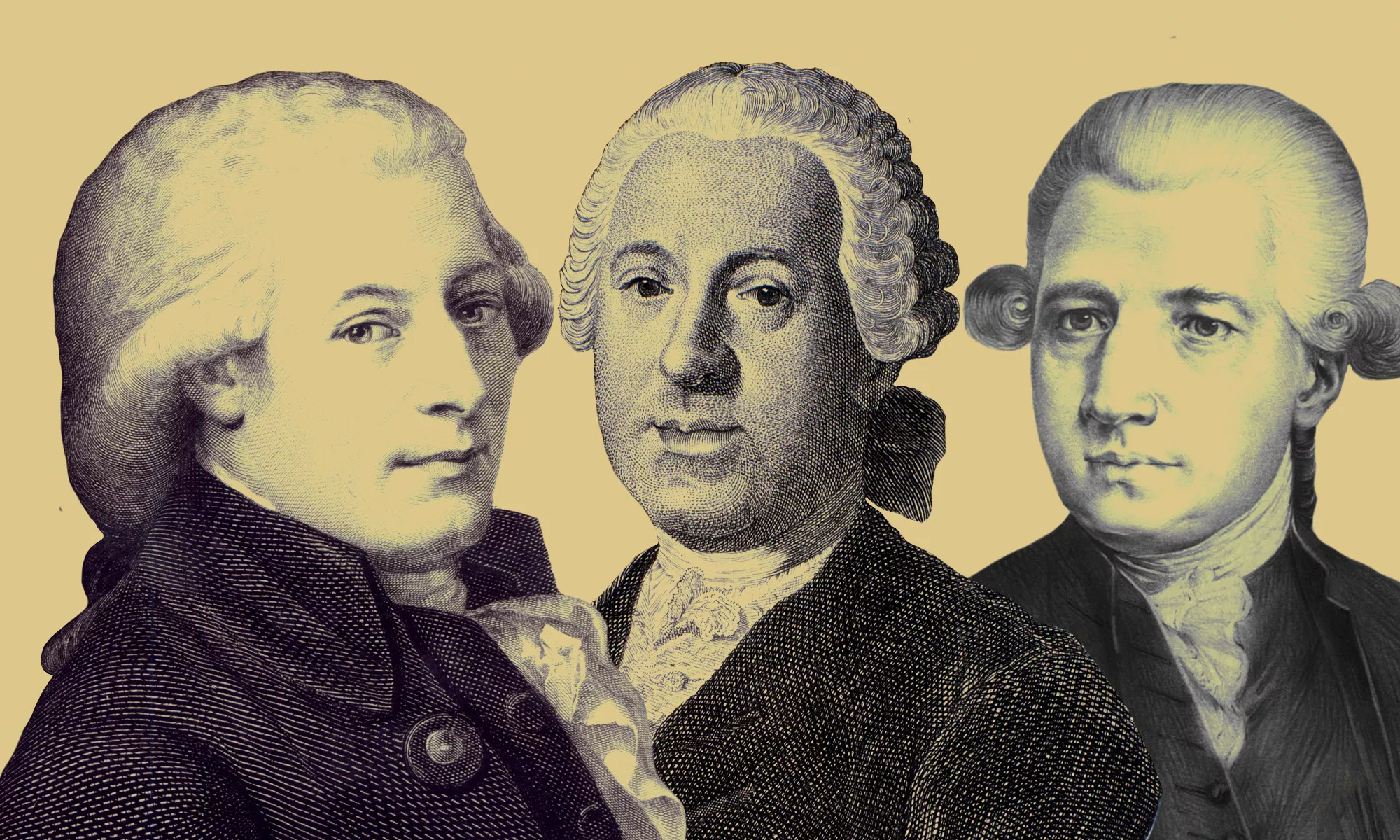 Portraits of 18th-century composers Mozart, Mysliveček, and Hasse.