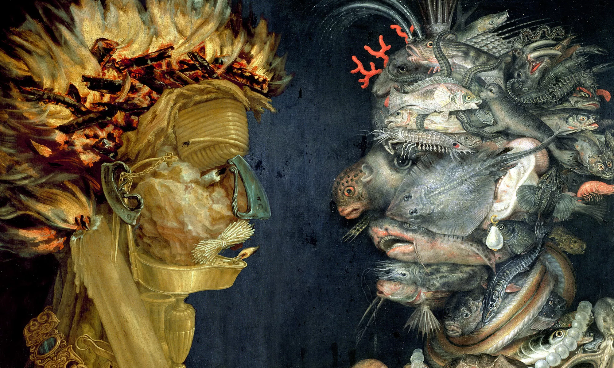 Two paintings of heads by 16th century painter Giuseppe Arcimboldo. The left face depicts Fire, the right face depicts water.