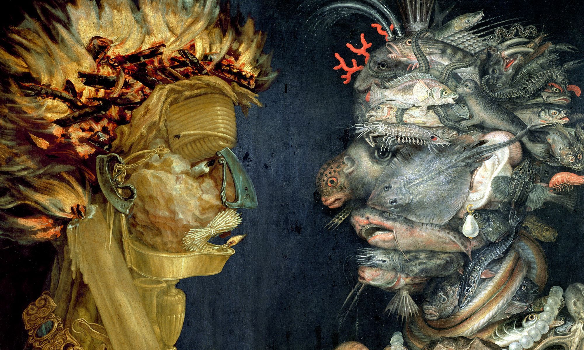 Two paintings of heads by 16th century painter Giuseppe Arcimboldo. The left face depicts Fire, the right face depicts water. 