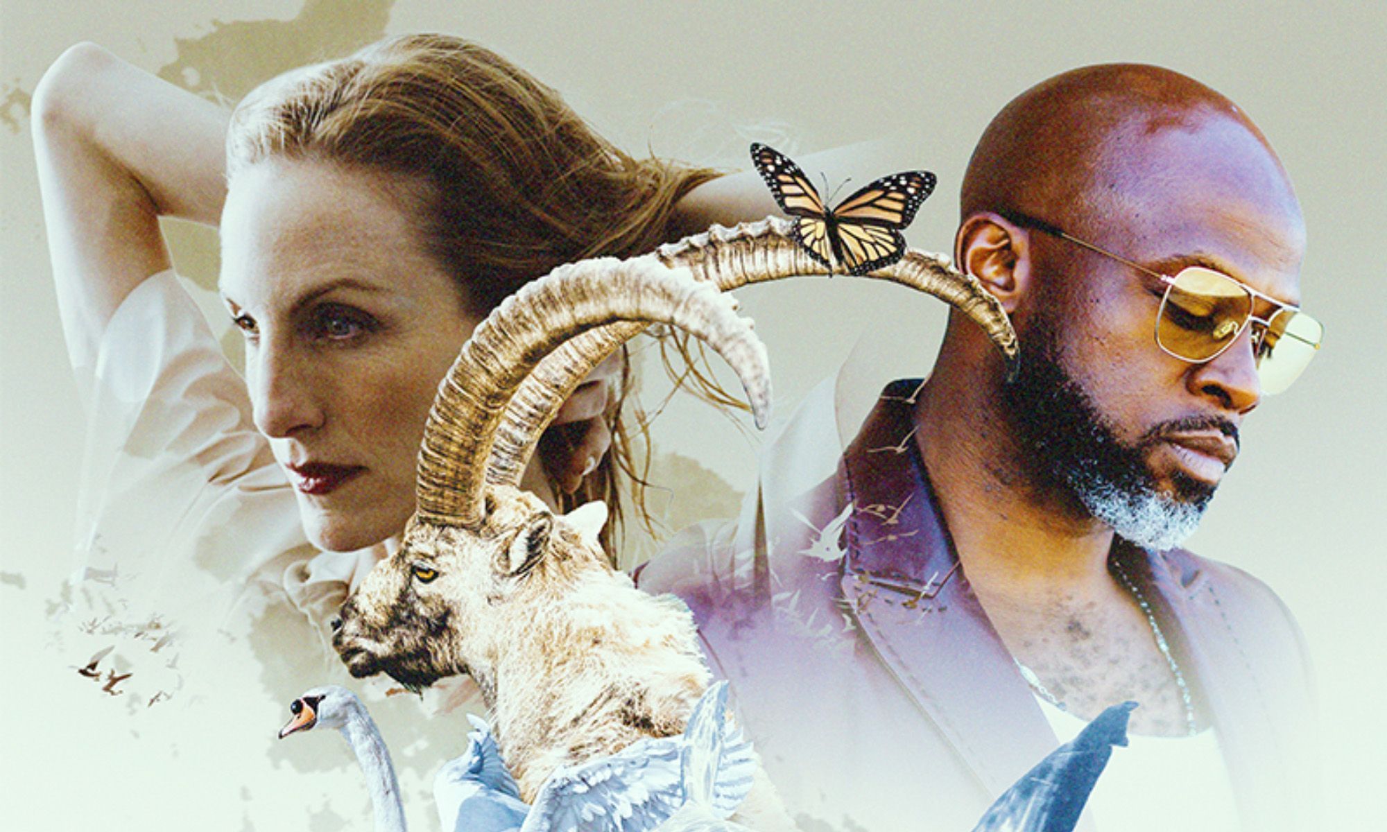 Wendy Whelan (on the left) and Marc Bamuthi Joseph (on the right) with illustrations of sheep, butterflies, and clouds throughout.