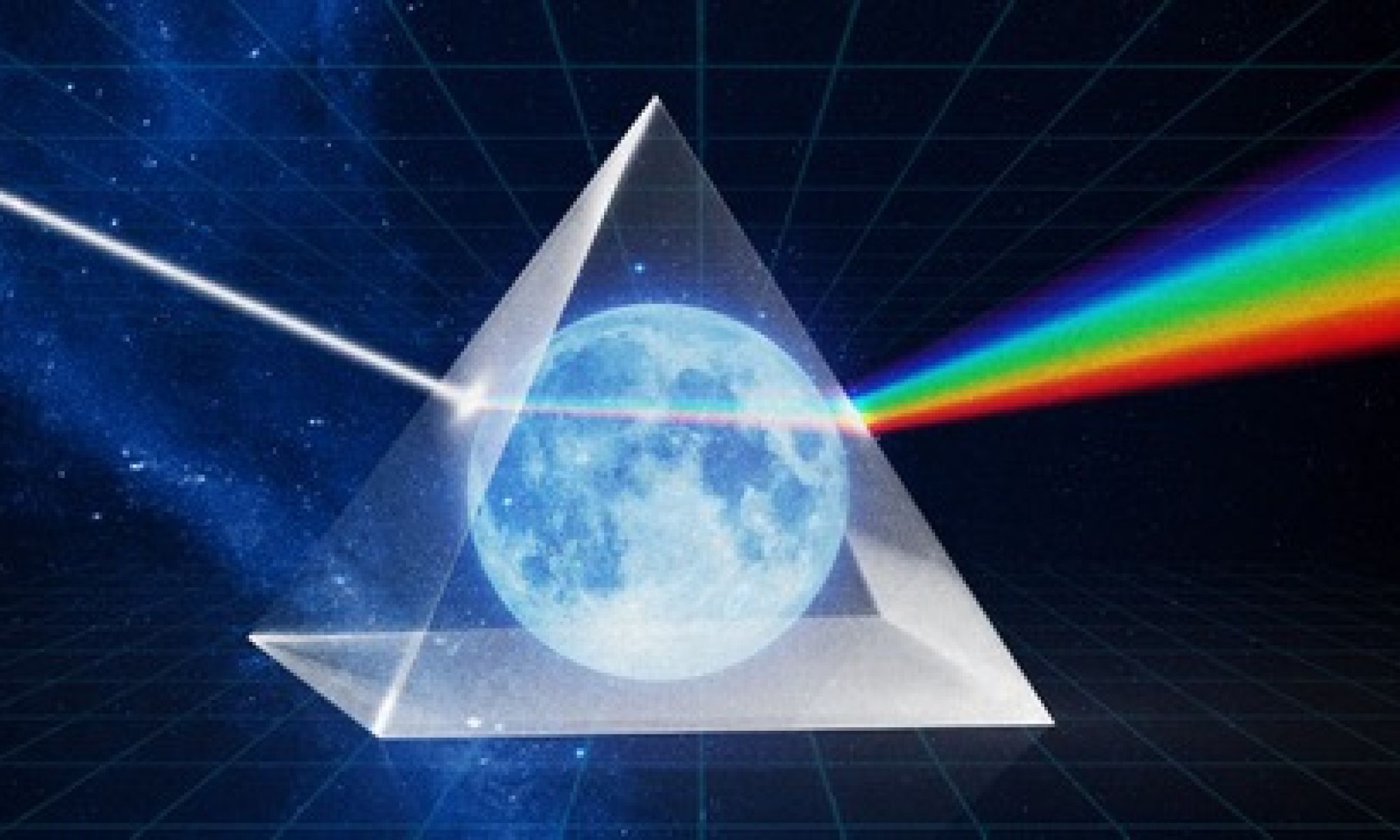 The world globe inside a transparent pyramid shooting out rainbow on opposite ends.