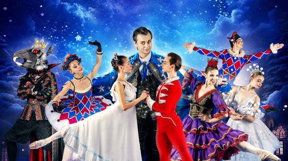 Image of multiple Nutcracker characters together in front of a blue starry background.