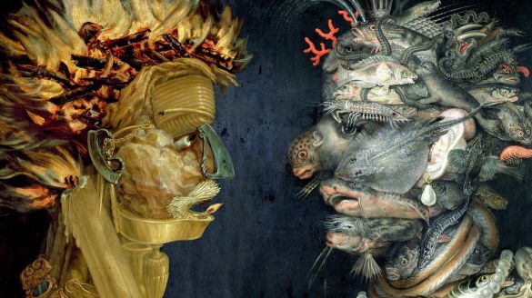 Two paintings of heads by 16th century painter Giuseppe Arcimboldo. The left face depicts Fire, the right face depicts water. 