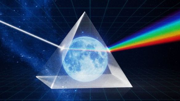 The world globe inside a transparent pyramid shooting out rainbow on opposite ends.