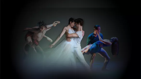 Three Ballet duets in dynamic poses, highlighting 3 of Ballet 5:8's ballets. Shadows and lighting overlayed slightly distort the dancers. 